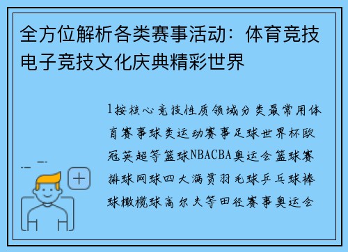 全方位解析各类赛事活动：体育竞技电子竞技文化庆典精彩世界