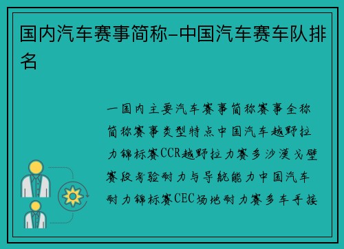 国内汽车赛事简称-中国汽车赛车队排名